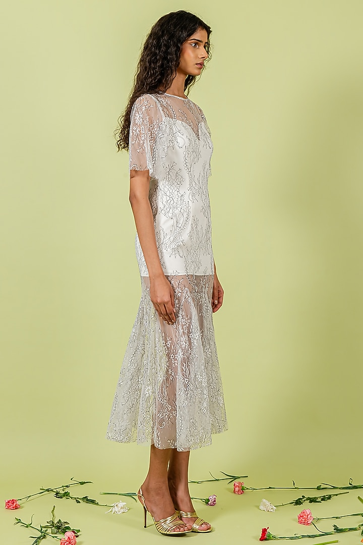 White Shaded Sheer Lace Vacation Dress by Swatee Singh at Pernia's Pop Up Shop