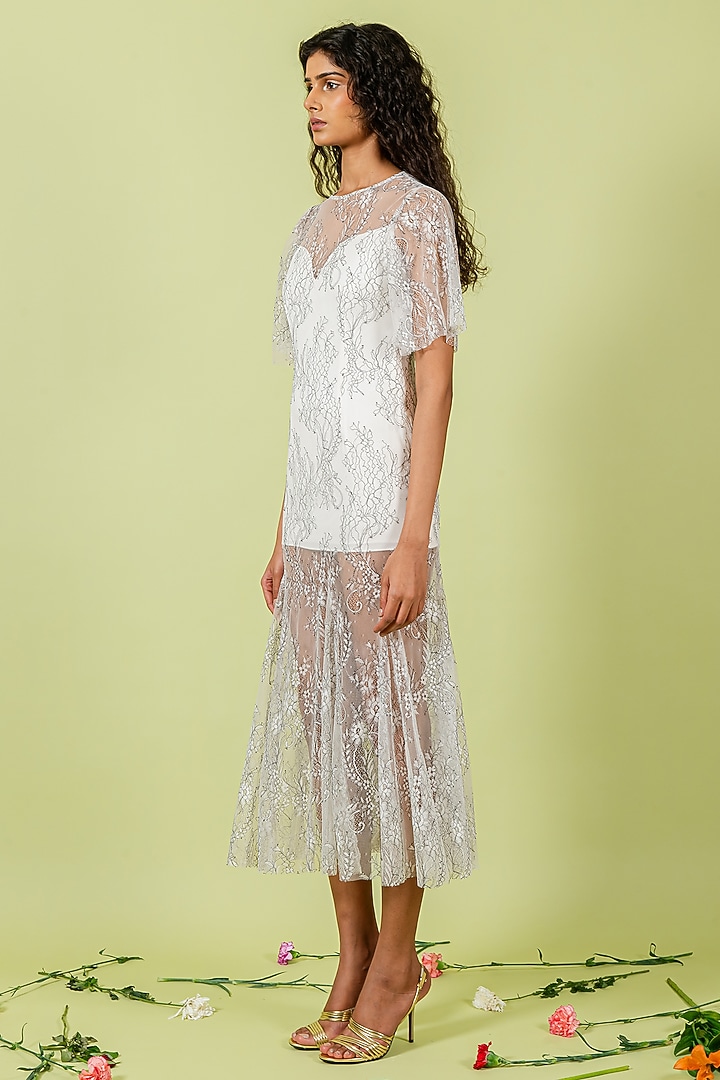 White Shaded Sheer Lace Vacation Dress by Swatee Singh at Pernia's Pop Up Shop