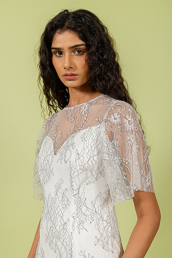 White Shaded Sheer Lace Vacation Dress by Swatee Singh at Pernia's Pop Up Shop