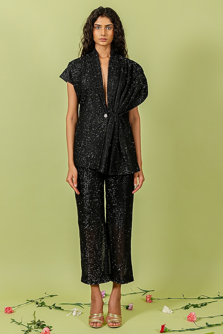 Black Georgette Embellished Blazer Set by Swatee Singh at Pernia's Pop Up Shop