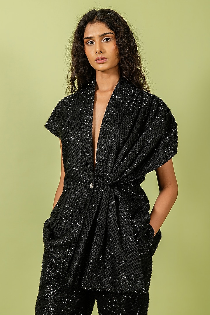 Black Georgette Embellished Blazer Set by Swatee Singh at Pernia's Pop Up Shop