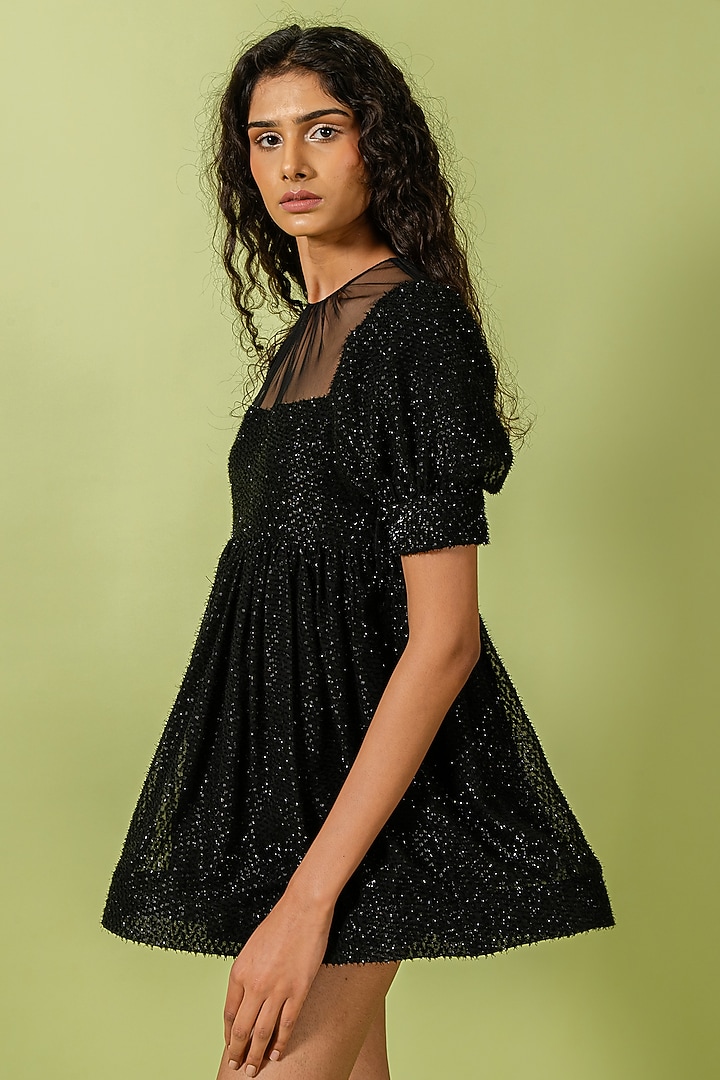 Black Georgette & Net Embellished Mini Vacation Dress by Swatee Singh at Pernia's Pop Up Shop