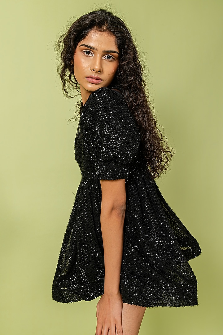Black Georgette & Net Embellished Mini Vacation Dress by Swatee Singh at Pernia's Pop Up Shop