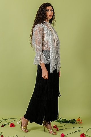 Black Heavy Crepe Fringed Wide-Leg Pants by Swatee Singh