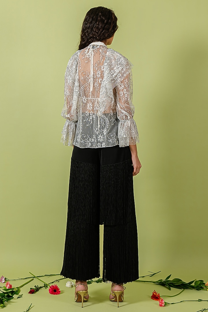 Black Heavy Crepe Fringed Wide-Leg Pants by Swatee Singh at Pernia's Pop Up Shop