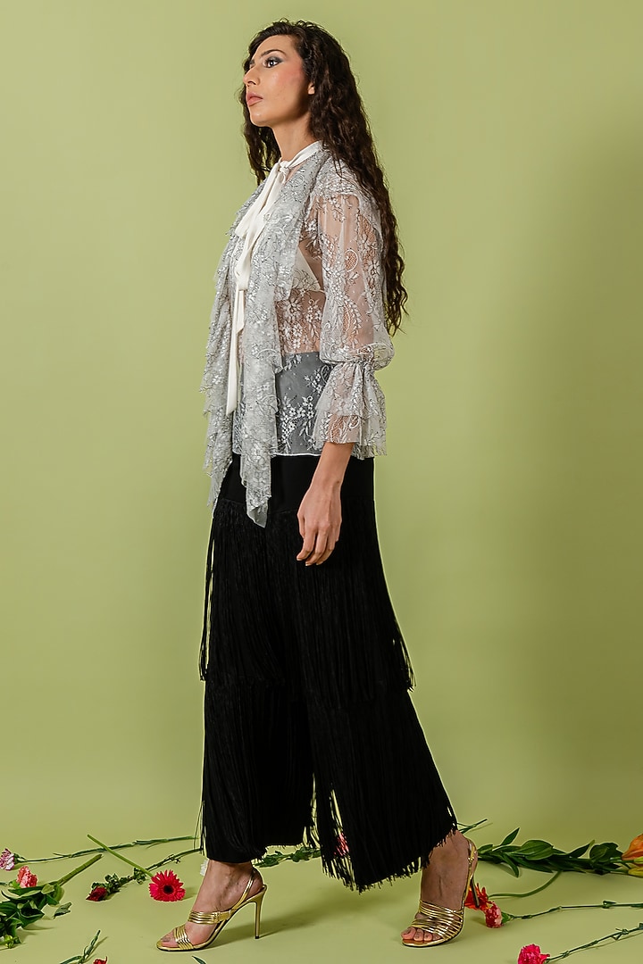 Black Heavy Crepe Fringed Wide-Leg Pants by Swatee Singh at Pernia's Pop Up Shop