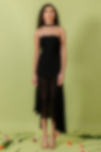 Black Heavy Crepe Asymmetric Flared Vacation Dress by Swatee Singh at Pernia's Pop Up Shop