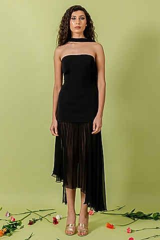 Black Heavy Crepe Asymmetric Flared Dress by Swatee Singh