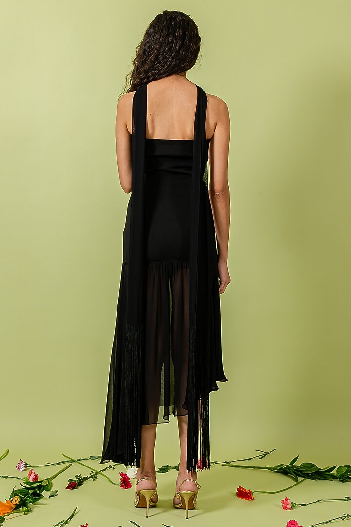 Black Heavy Crepe Asymmetric Flared Vacation Dress by Swatee Singh at Pernia's Pop Up Shop