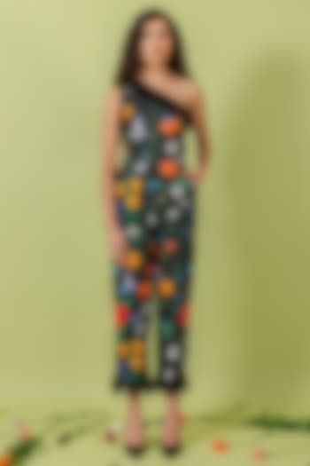 Black Heavy Crepe One-Shoulder Floral Jumpsuit by Swatee Singh at Pernia's Pop Up Shop