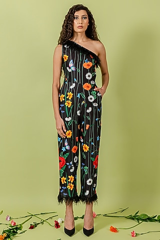 Black Heavy Crepe One-Shoulder Floral Jumpsuit by Swatee Singh