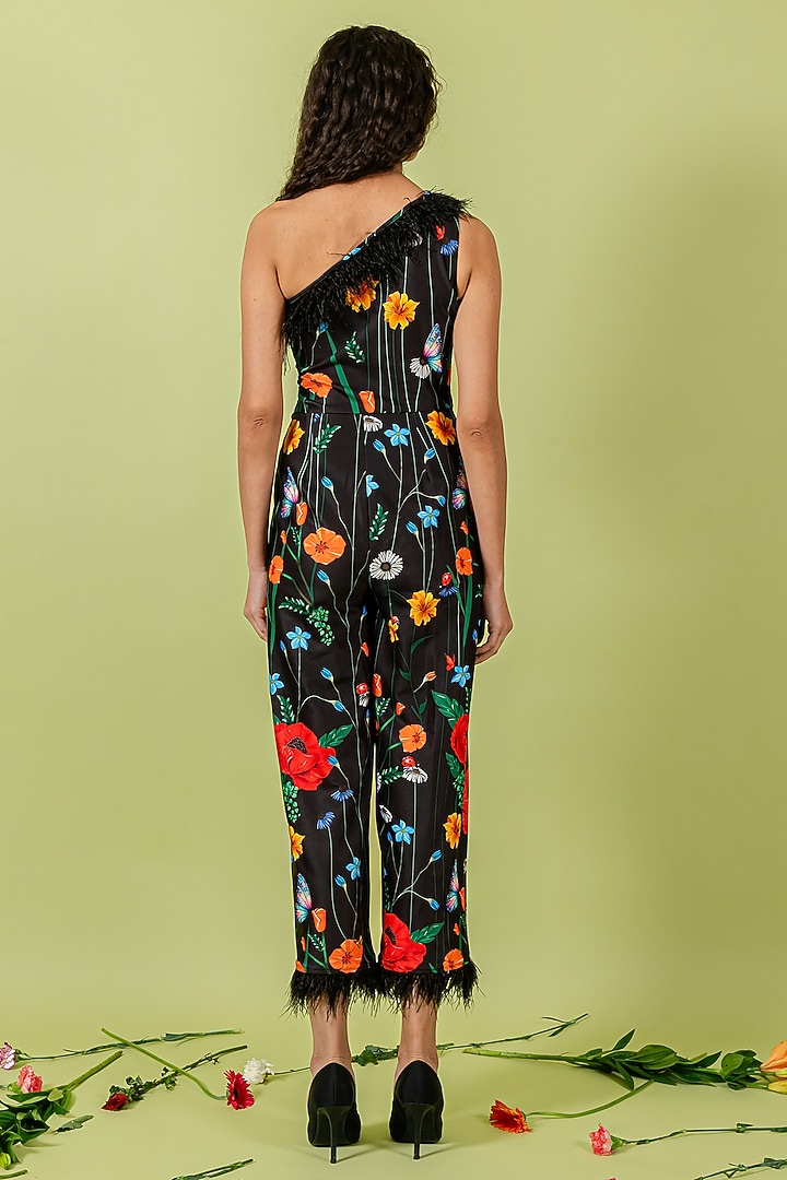 Black Heavy Crepe One-Shoulder Floral Jumpsuit by Swatee Singh at Pernia's Pop Up Shop