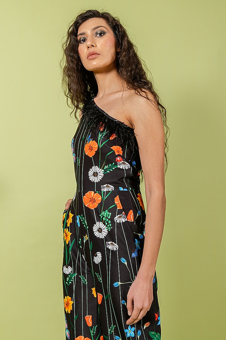 Black Heavy Crepe One-Shoulder Floral Jumpsuit by Swatee Singh at Pernia's Pop Up Shop