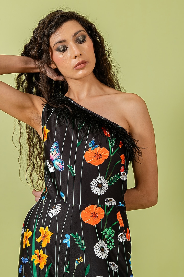 Black Heavy Crepe One-Shoulder Floral Jumpsuit by Swatee Singh at Pernia's Pop Up Shop