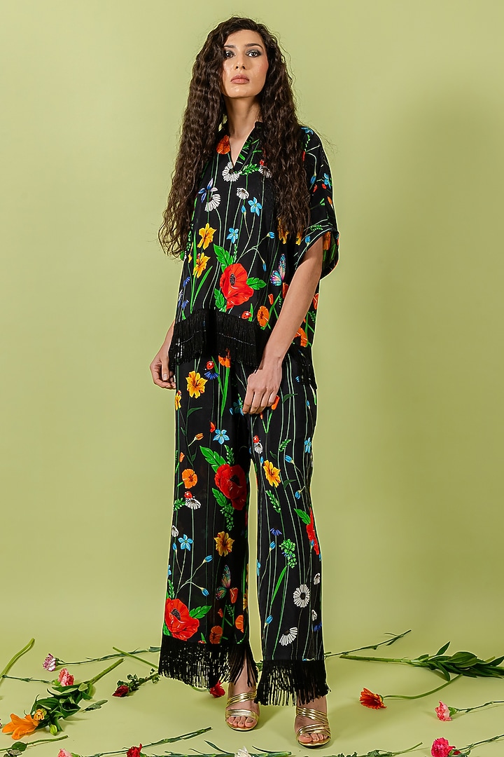 Black Crepe Floral Co-Ord Set by Swatee Singh at Pernia's Pop Up Shop