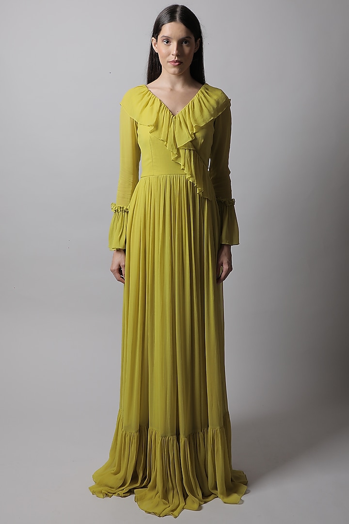 Lime Ruffled Gown by Swatee Singh