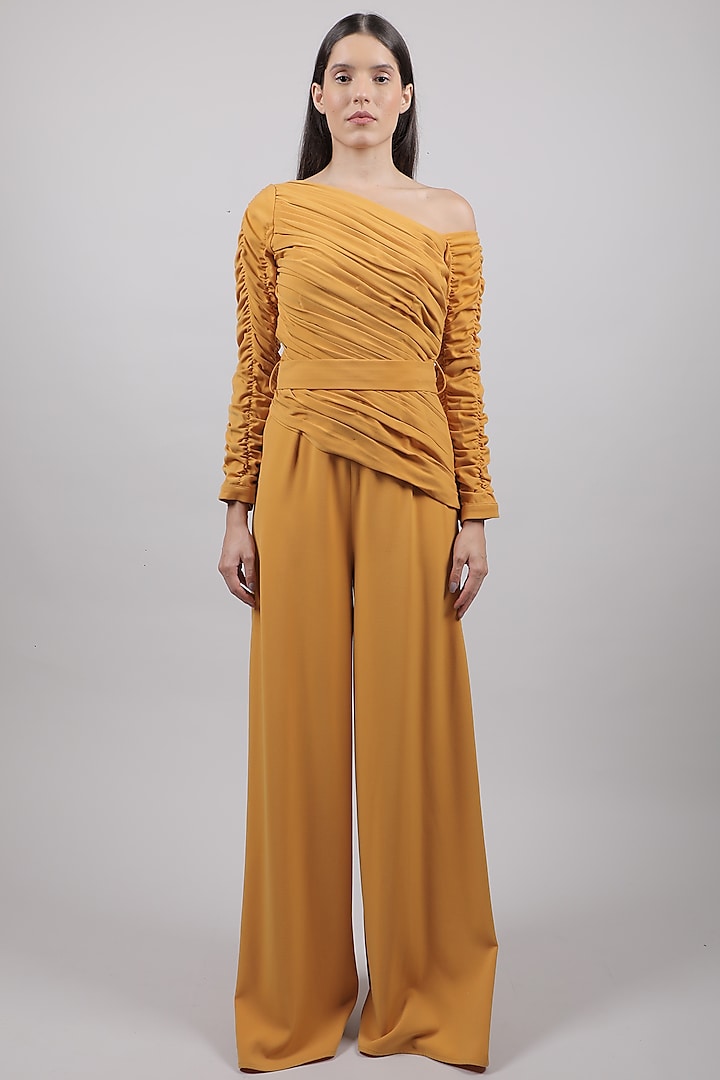 Mustard Ruched Jumpsuit by Swatee Singh