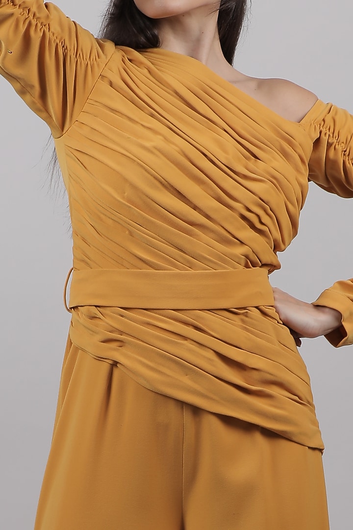 Mustard Ruched Jumpsuit by Swatee Singh at Pernia's Pop Up Shop