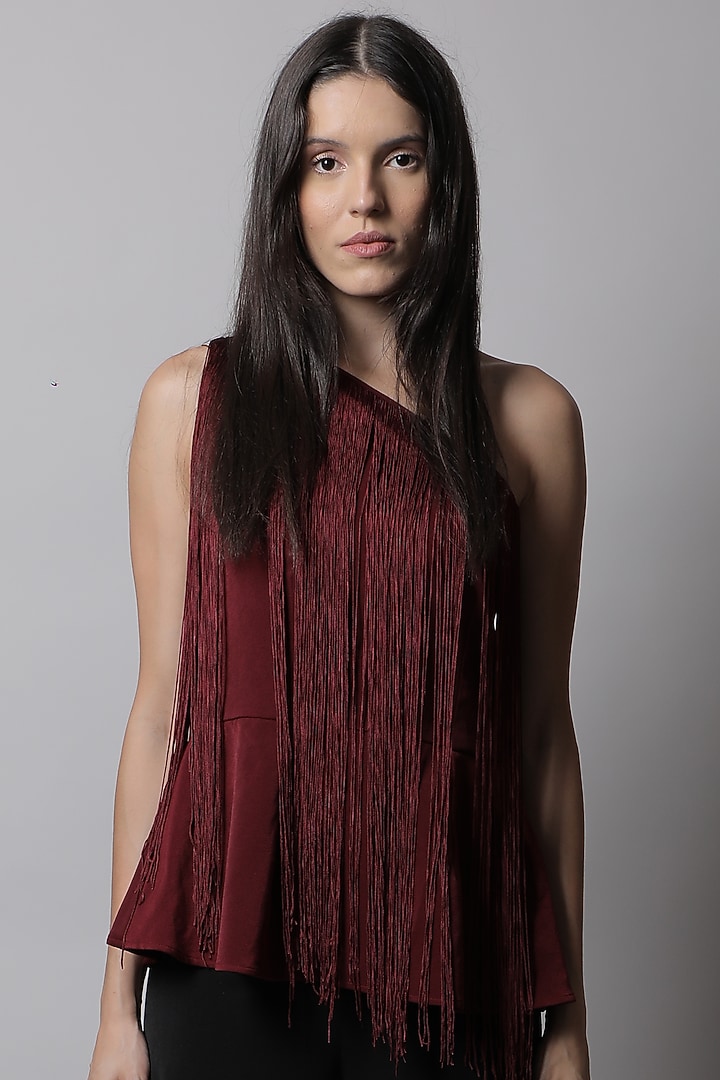 Maroon One Shoulder Peplum Top by Swatee Singh at Pernia's Pop Up Shop