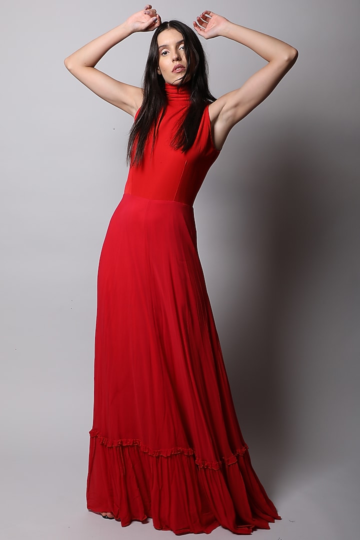 Red Heavy Crepe Maxi Vacation Dress by Swatee Singh at Pernia's Pop Up Shop