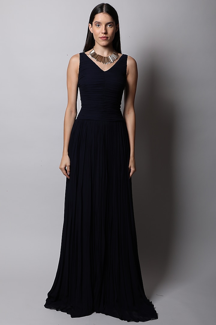Navy Blue Ruched Gown by Swatee Singh at Pernia's Pop Up Shop