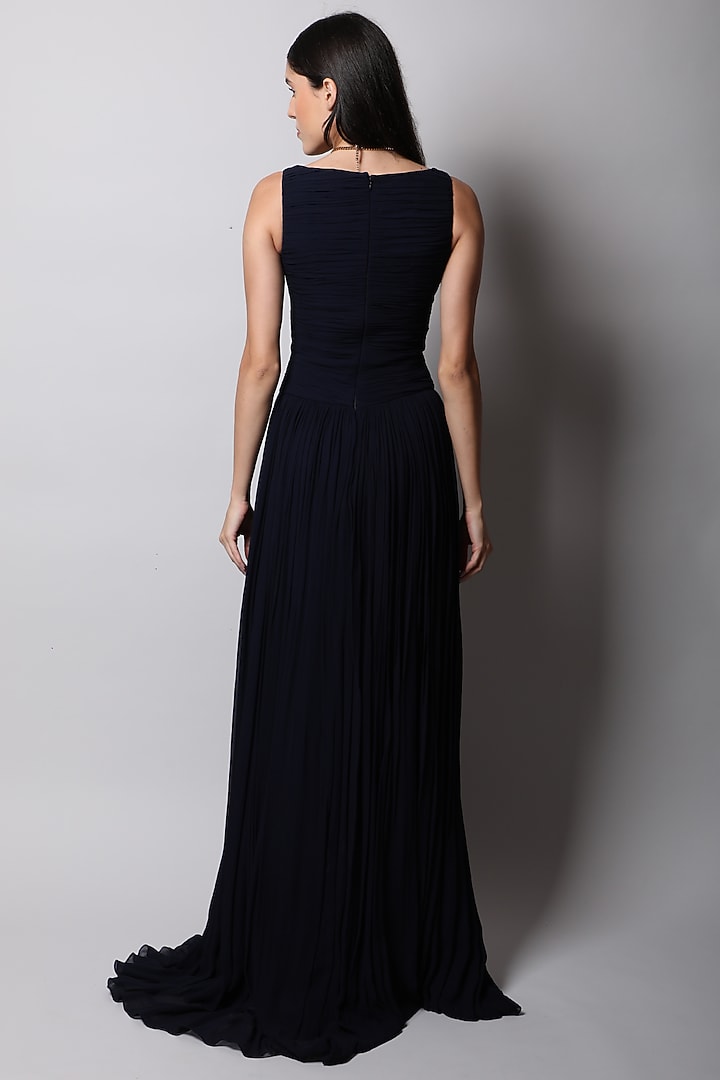 Navy Blue Ruched Gown by Swatee Singh at Pernia's Pop Up Shop
