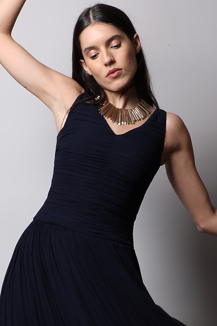 Navy Blue Ruched Gown by Swatee Singh at Pernia's Pop Up Shop