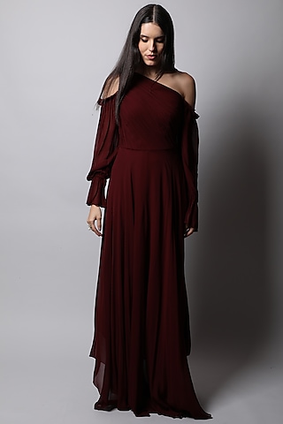Maroon One Shoulder Maxi Dress by Swatee Singh