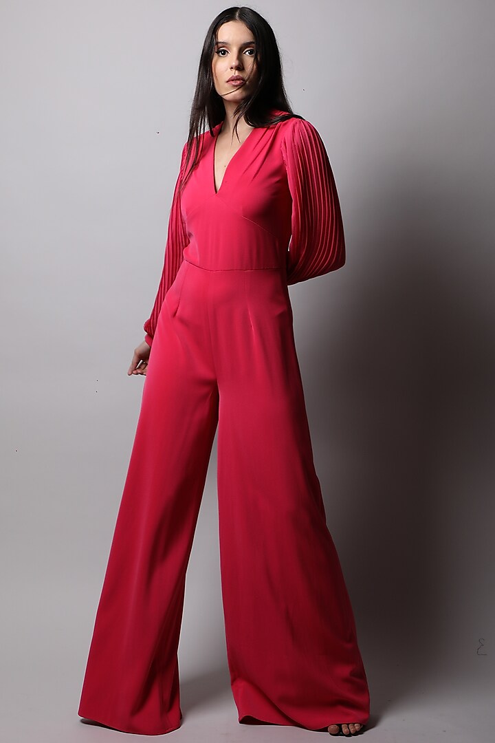 Fuchsia Heavy Crepe Jumpsuit With Paneled Neck by Swatee Singh