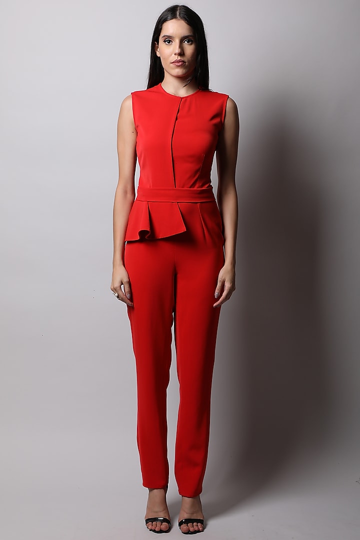 Red Overlapped Jumpsuit by Swatee Singh