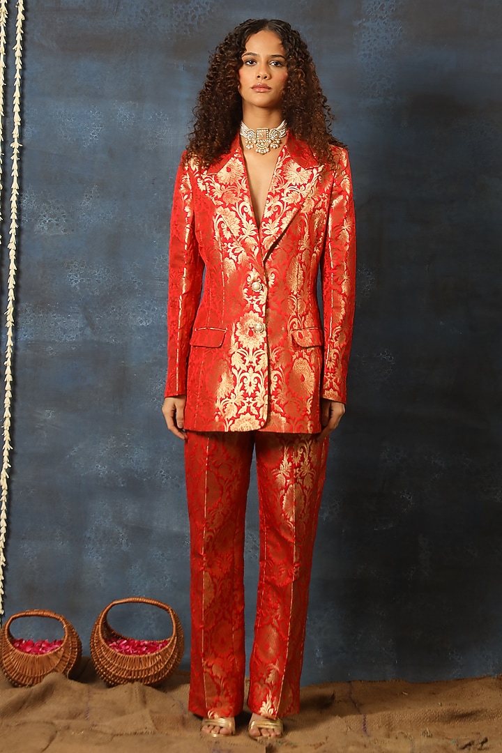 Red Brocade Blazer Set by Swatee Singh at Pernia's Pop Up Shop