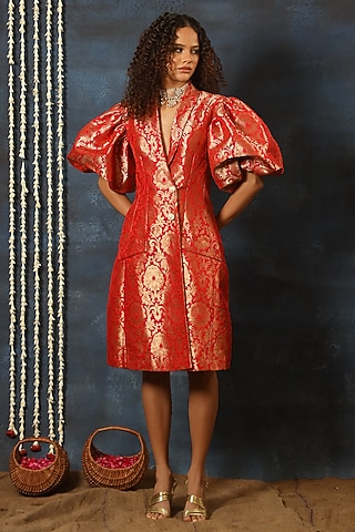 Red Brocade Blazer Dress by Swatee Singh