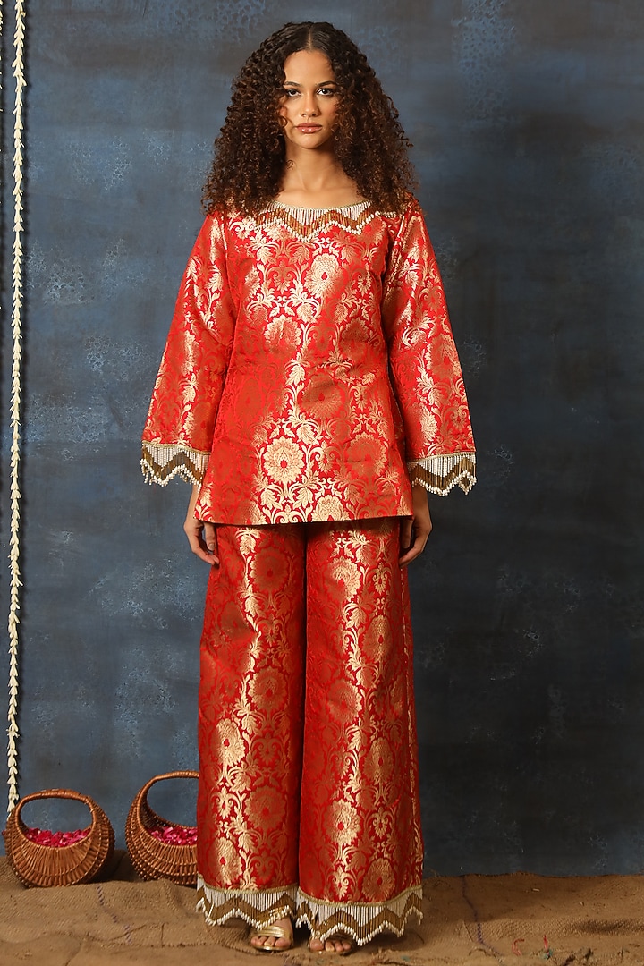 Red Brocade Kurta Set by Swatee Singh at Pernia's Pop Up Shop
