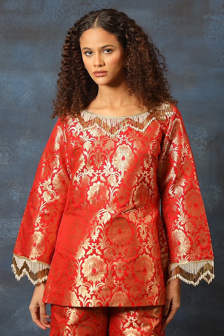Red Brocade Kurta Set by Swatee Singh at Pernia's Pop Up Shop
