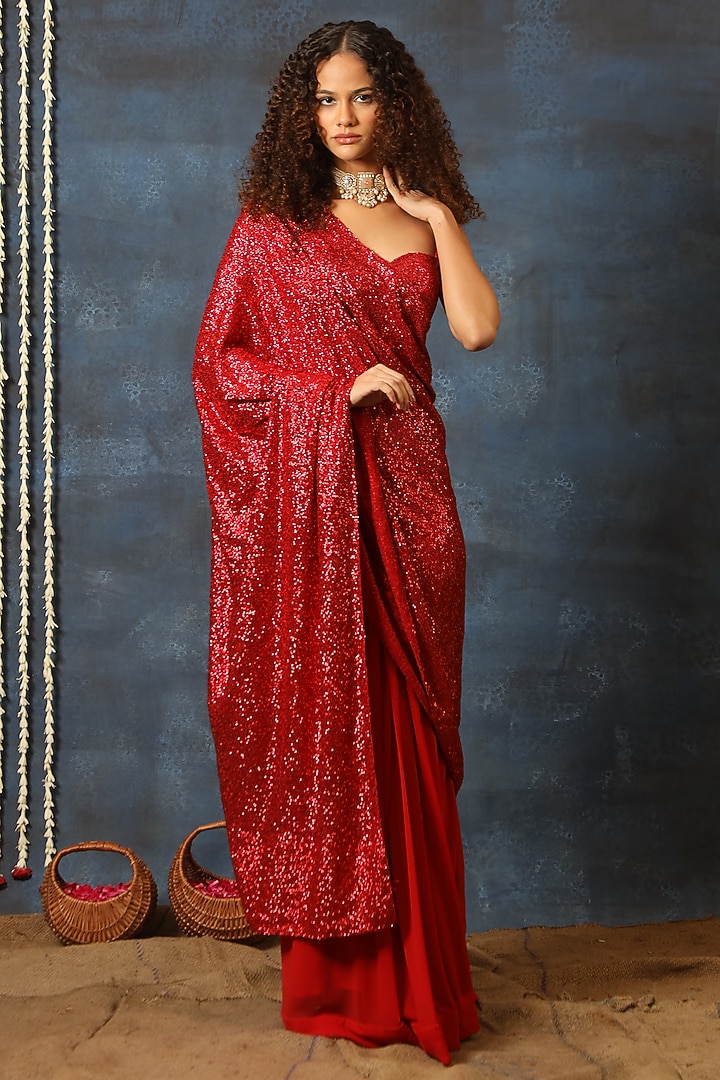 Scarlet Red Georgette Sequins Embroidered Pre-Stitched Wedding Saree Set by Swatee Singh at Pernia's Pop Up Shop