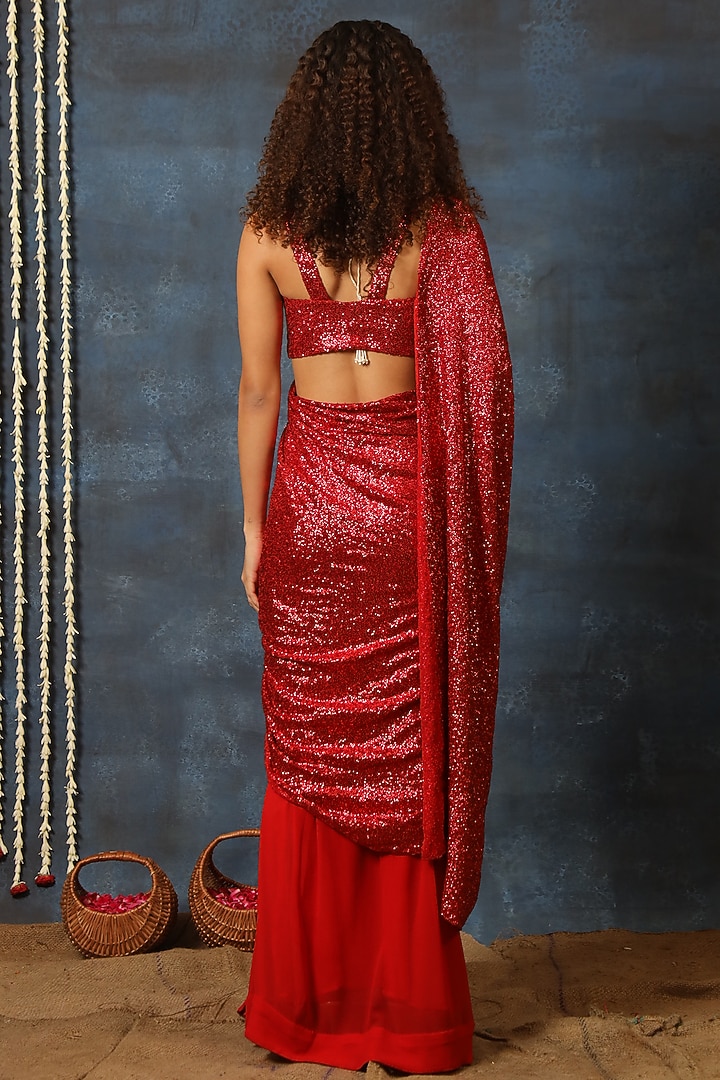 Scarlet Red Georgette Sequins Embroidered Pre-Stitched Wedding Saree Set by Swatee Singh at Pernia's Pop Up Shop