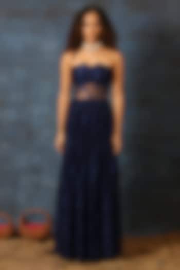 Midnight Blue Georgette Chantilly Lace Embroidered Party Wear Gown by Swatee Singh at Pernia's Pop Up Shop