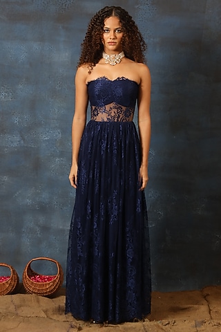 Midnight Blue Georgette Chantilly Lace Embroidered Gown by Swatee Singh