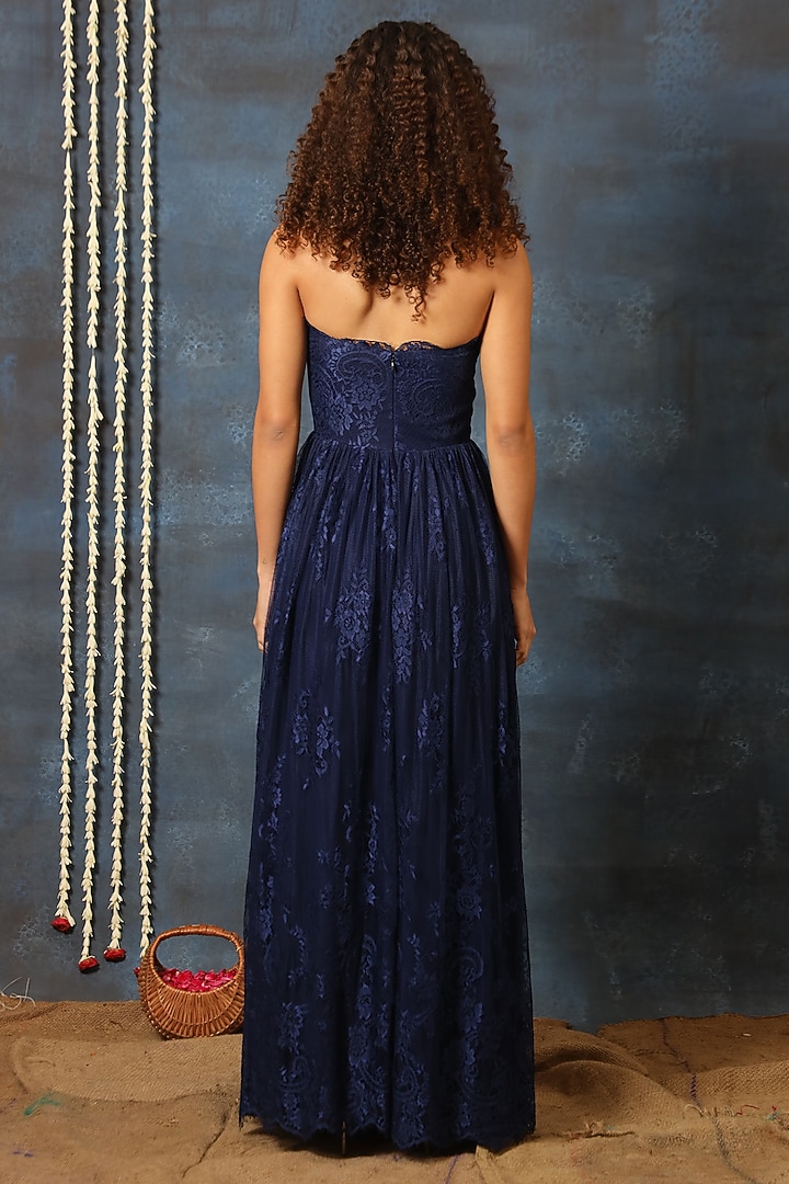 Midnight Blue Georgette Chantilly Lace Embroidered Party Wear Gown by Swatee Singh at Pernia's Pop Up Shop