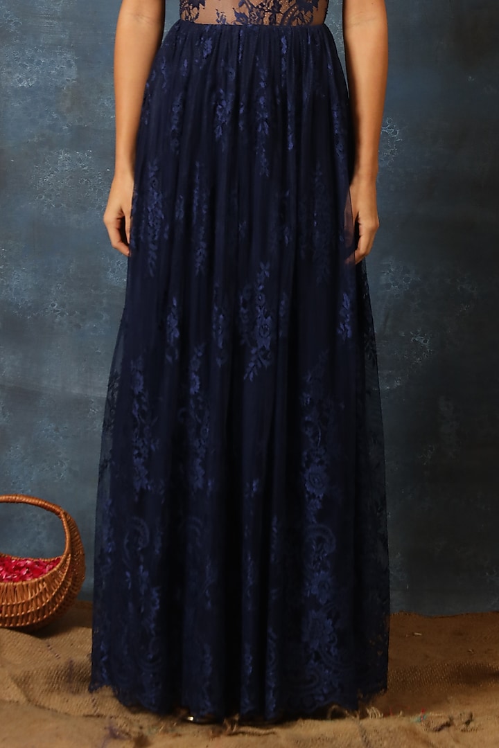 Midnight Blue Georgette Chantilly Lace Embroidered Party Wear Gown by Swatee Singh at Pernia's Pop Up Shop