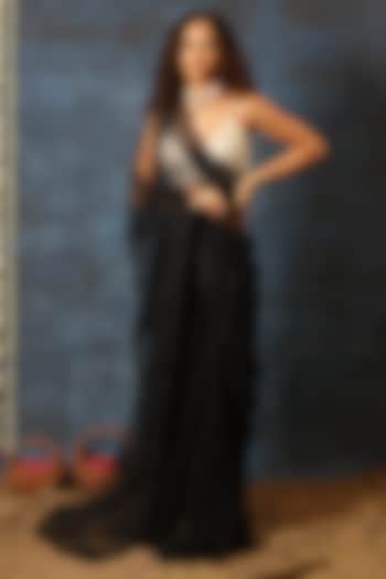 Black Net & Chantilly Pre-Stitched Party Wear Saree Set by Swatee Singh at Pernia's Pop Up Shop