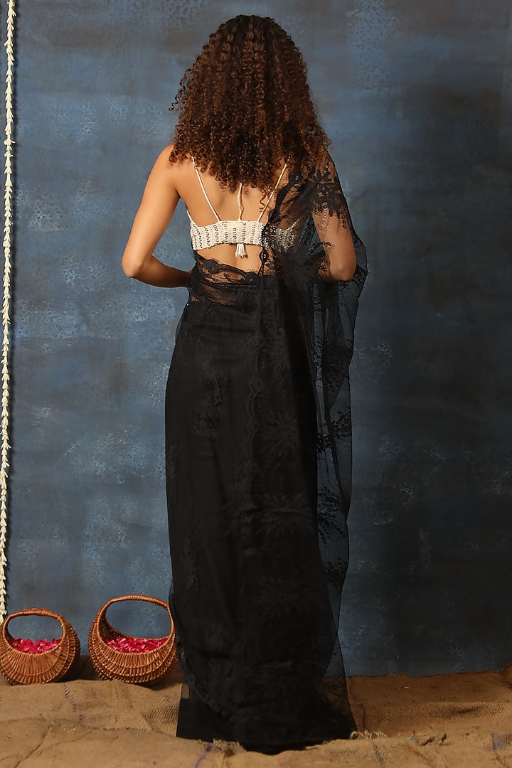 Black Net & Chantilly Pre-Stitched Party Wear Saree Set by Swatee Singh at Pernia's Pop Up Shop