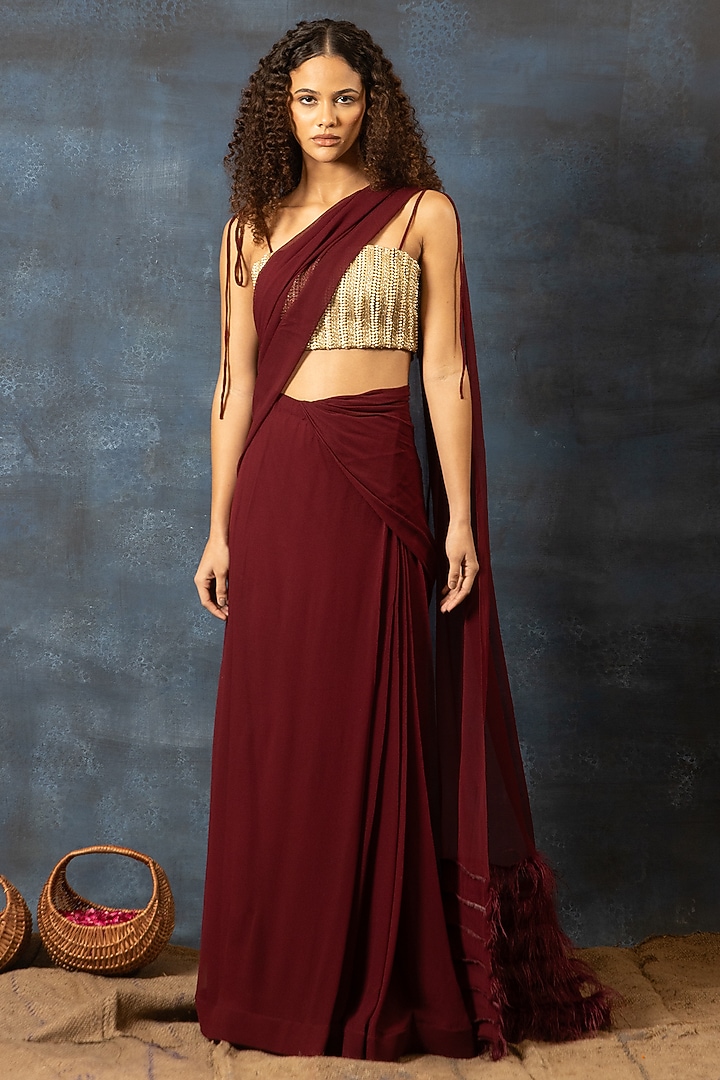 Plum Georgette Pre-Stitched Wedding Saree Set by Swatee Singh at Pernia's Pop Up Shop