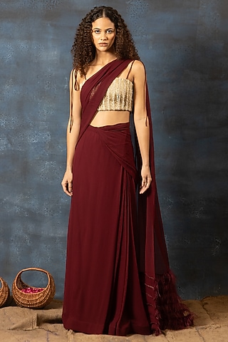 Plum Georgette Pre-Stitched Saree Set by Swatee Singh
