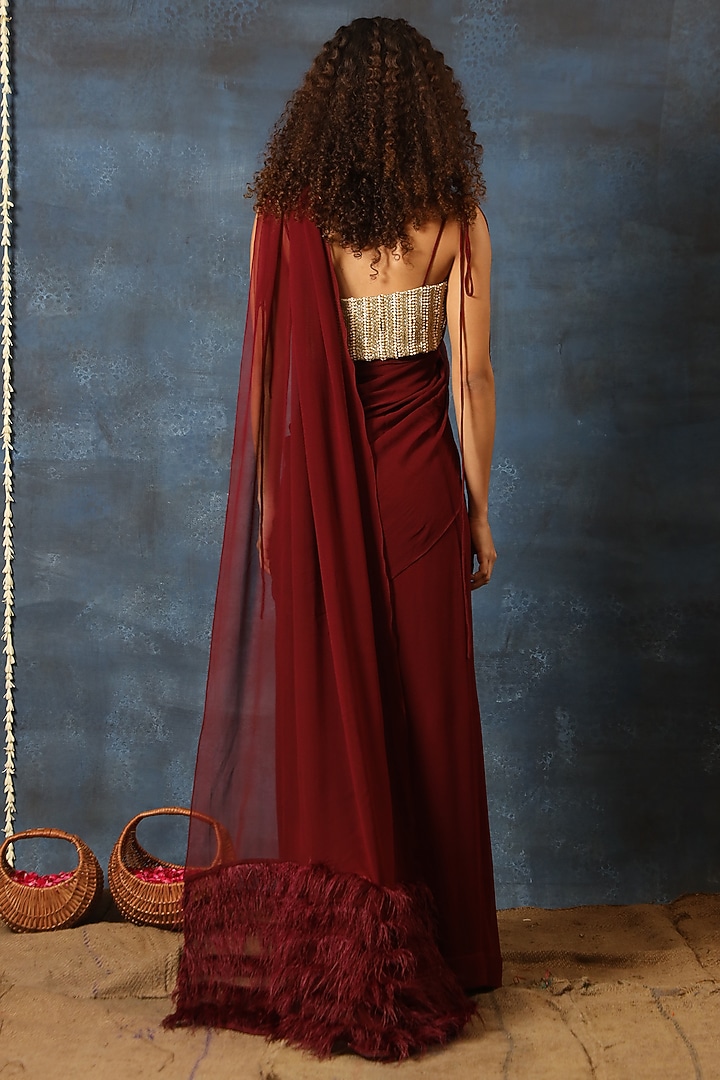 Plum Georgette Pre-Stitched Wedding Saree Set by Swatee Singh at Pernia's Pop Up Shop