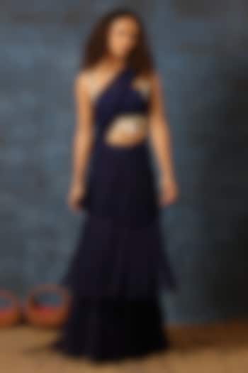 Midnight Blue Georgette Pre-Stitched Wedding Saree Set by Swatee Singh at Pernia's Pop Up Shop