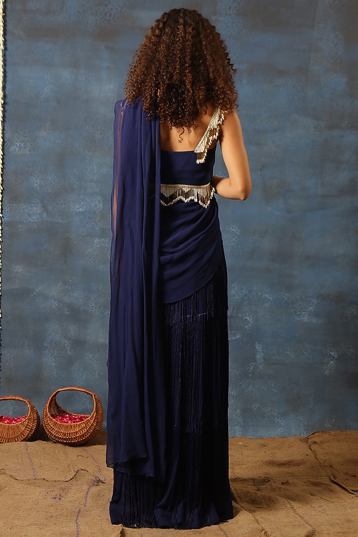 Midnight Blue Georgette Pre-Stitched Wedding Saree Set by Swatee Singh at Pernia's Pop Up Shop