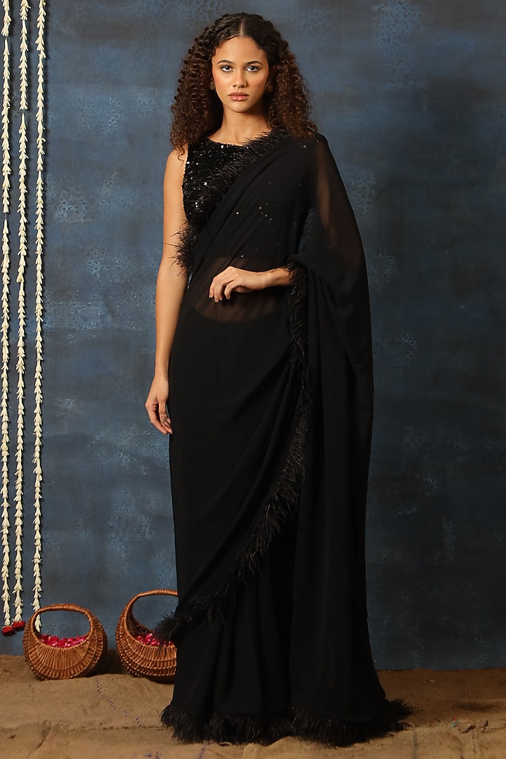 Black Georgette Pre-Stitched Party Wear Saree Set by Swatee Singh at Pernia's Pop Up Shop