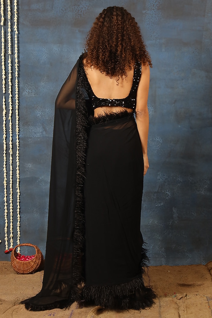 Black Georgette Pre-Stitched Party Wear Saree Set by Swatee Singh at Pernia's Pop Up Shop