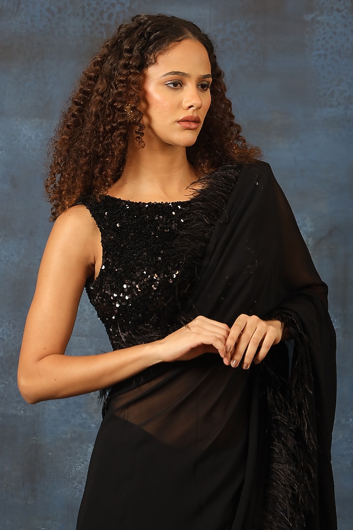 Black Georgette Pre-Stitched Party Wear Saree Set by Swatee Singh at Pernia's Pop Up Shop